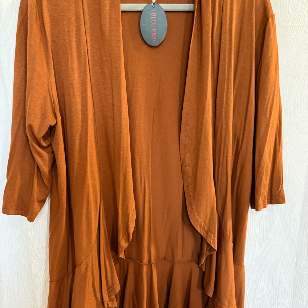 BLUETIME Rust Brown Ruffle Hem Open Front Soft Cardigan Fall Layering Boho M NWT